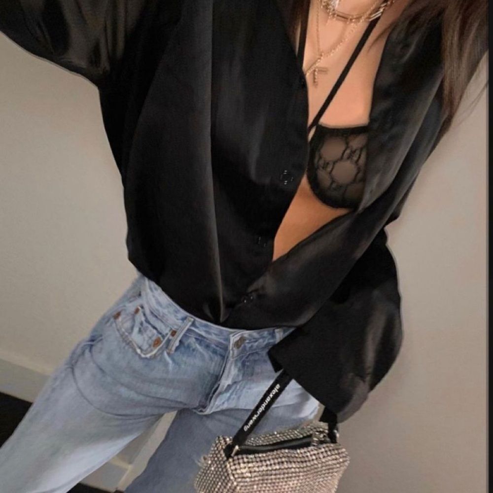 Black silky button up top